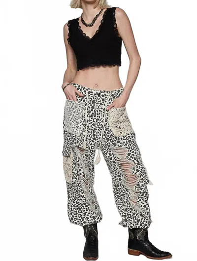 Pol Vintage Wash Crochet Patch Distressed Joggers In Green Leopard In Animal Print