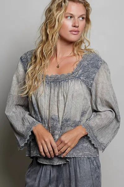 Pol Vintage Washed Floral Lace Trim Top In Charcoal In Gray