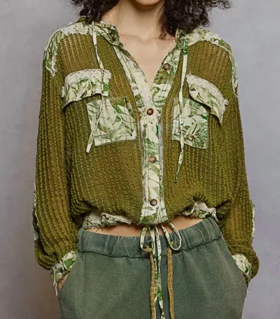 Pol Vintage Washed Floral Print Crochet Jacket In Olive Green