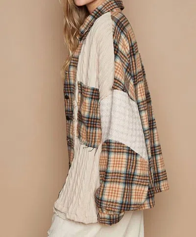Pol Vintage Washed Knit Patch Front Pocket Plaid Shirt In Caramel Multi In Brown