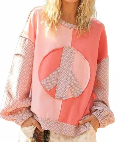 Pol Vintage Washed Long Sleeve Peace Patch Front Top In Coral Pink In Multi