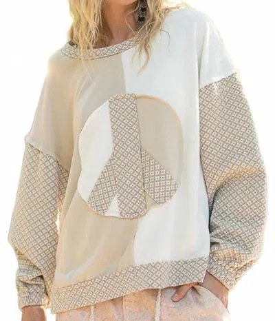 Pol Vintage Washed Long Sleeve Peace Patch Front Top In Cream Sand In Multi