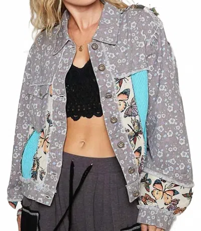 Pol Vintage Washed Semi Cropped Denim Jacket In Choco Floral In Gray