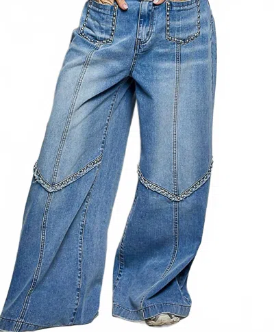 Pol Vintage Washing Solid Back Elastic Band High Rise Wide Pants In Denim In Burgundy