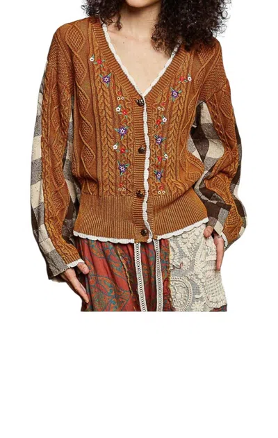 Pol V-neck Embroidered Cardigan In Mocha In Brown