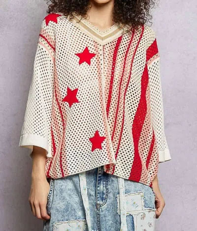 Pol V-neck Half Sleeve Stripe Sweater Top In White In Multi