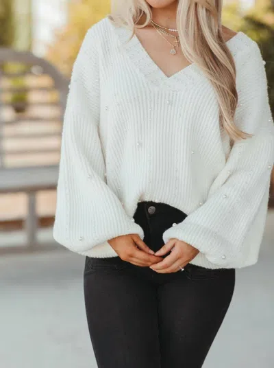 Pol Vneck Pearl Sweater In Ivory In Multi
