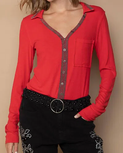 Pol Vneck Ribbed Top In Cherry In Red