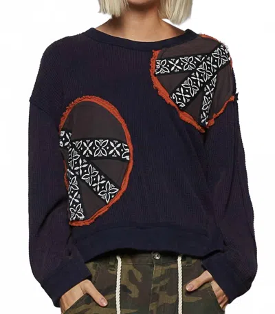 Pol Waffle Knit Patch Work Pullover In Deep Blue Violet