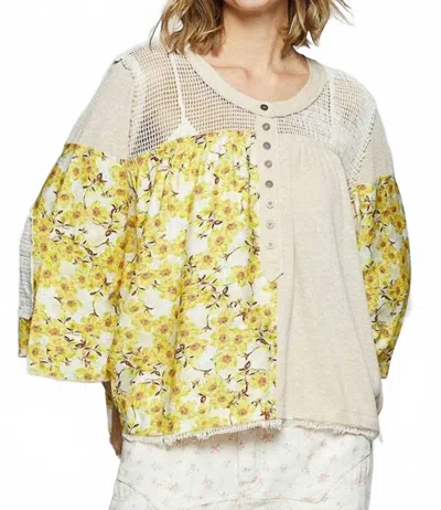 Pol Washed Floral Print Crochet Detail Top In Yellow