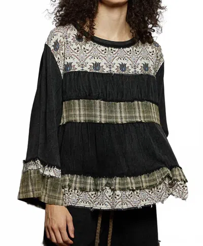 Pol Washed Print Plaid Full Sleeve Top In Gray