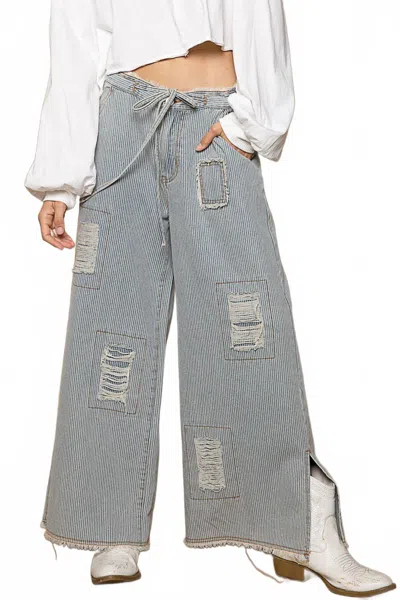 Pol Wide Distressed Striped Denim Pants "waist Strap" In Blue