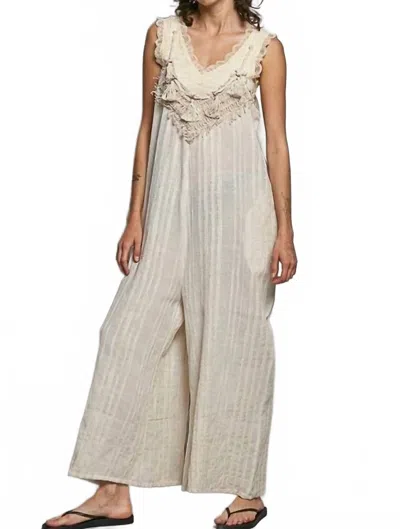 Pol Women's Artisan Stripe Cotton Tassel Raw Edge Jumpsuit In White
