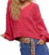 Pol Women's Cable Knit V Neck Sweater In Fuchsia Pink In Red