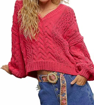 Pol Women's Cable Knit V Neck Sweater In Fuchsia Pink In Red
