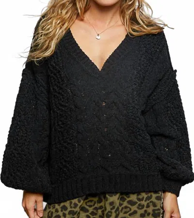 Pol Women's Cable Knit V Neck Sweater Top In Black