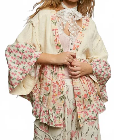 Pol Women's Floral Contrast Cotton Gauze Cardigan Top In Natural In Multi