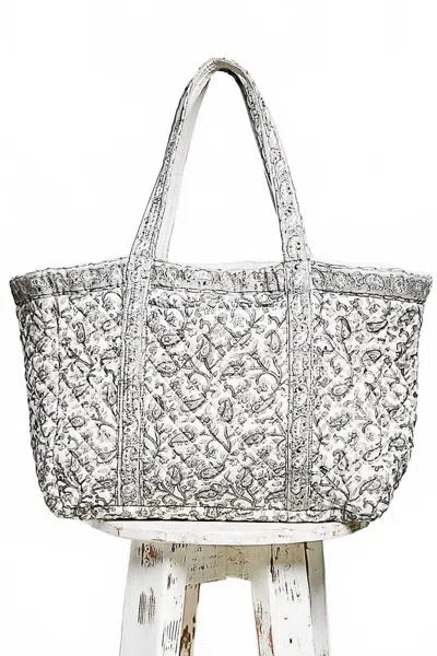 Pol Women's Hand Block-printed Quilted Floral Tote Bag In Ivory Grey Multi