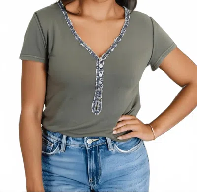 Pol Women's Lace Trim Button Up Short Sleeve Top In Blue In Multi