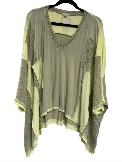 Pol Women's Long Sleeve V Neck Top In Green With Knit Patchwork
