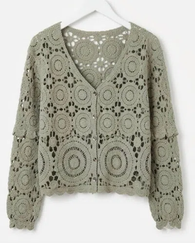 Pol Women's V-neck Crochet Cardigan In Dove Grey In Green