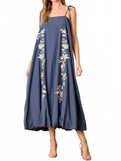 Polagram Bonnie Embroidered Tie Strap Bubble Midi Dress In Navy Ivory In Blue