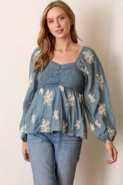 Polagram Embroidered Smocked Blouse In Dusty Blue