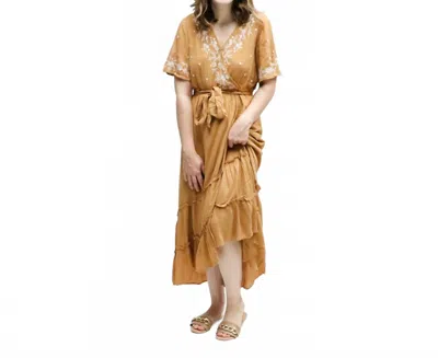 Polagram Floral Embroidered Ruffle Midi Maxi Dress In Burnt Orange With Ivory In Multi