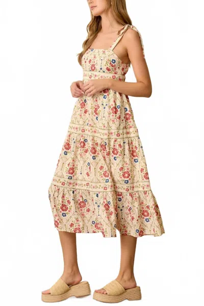 Polagram Floral Printed Shoulder Tie Maxi Dress In Red/cream In Brown