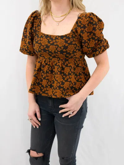 Polagram Floral Square Neck Top In Black In Brown
