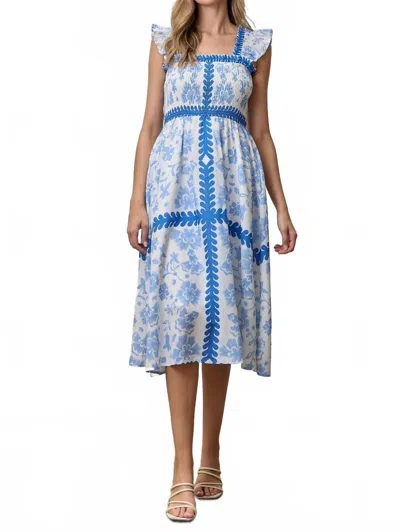 Polagram Smocked Bodice Midi Dress In Blue Multi