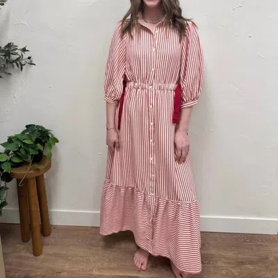 Polagram Striped Contrast Side Ribbon Midi Dress In Red/cream In Multi