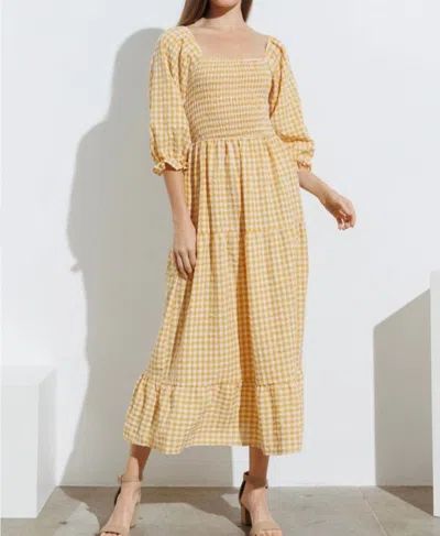 Polagram Sunshine Smocked Bodice Midi Dress In Yellow Gingham In Multi