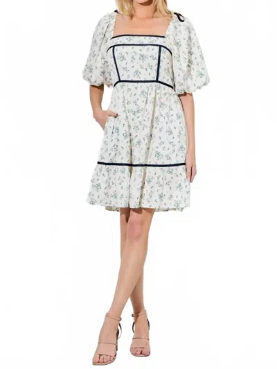 Polagram Women's Floral Square Neck Bubble Sleeve Mini Dress In Ivory Blue In White