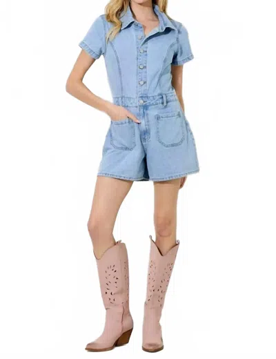 Polagram Women's Washed Denim Short Sleeve Jumpsuit In Blue