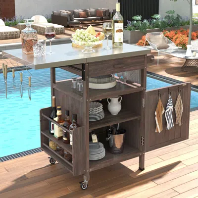 Polarissa 40.5" Outdoor Grill Cart With Stainless Steel Top, Solid Wood Outdoor Storage Cabinet With Drop Leaf