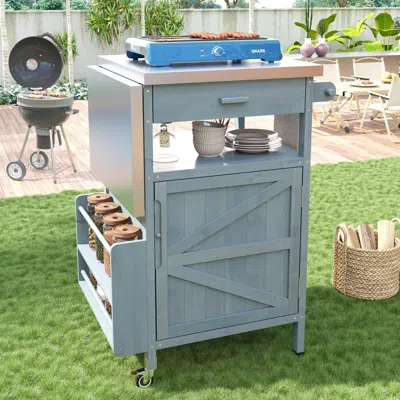 Polarissa 40.5" Outdoor Grill Cart With Stainless Steel Top, Solid Wood Outdoor Storage Cabinet With Drop Leaf