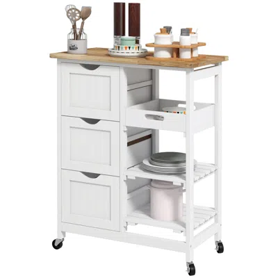 Polarissa Dining Rolling Kitchen Island, White, With Wood Top, Shelves & Drawers