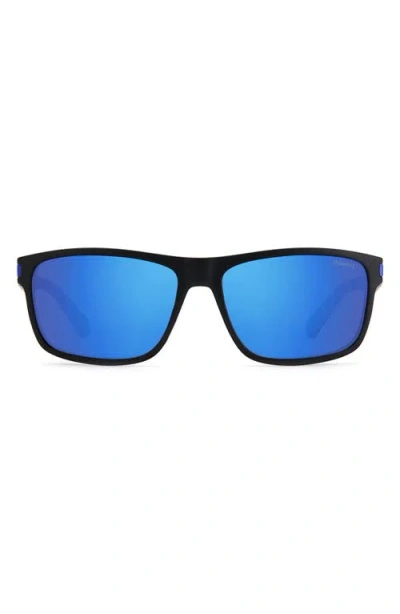 Polaroid 58mm Polarized Rectangular Sunglasses In Matte Black Blue/blue