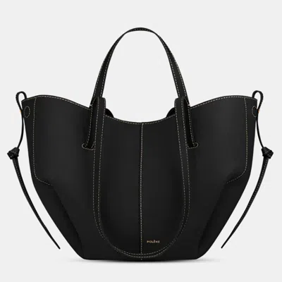 Pre-owned Polene Cyme Mini Grained Black Edition With Ecru Stitching Calfskin Leather Shoulder Bag
