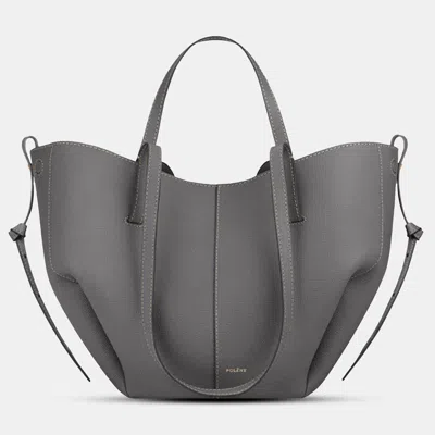 Pre-owned Polene Cyme Mini Grained Pebble Edition Calfskin Leather Shoulder Bag In Gray