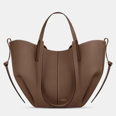 Pre-owned Polene Cyme Mini Grained Root Edition Calfskin Leather Shoulder Bag In Brown
