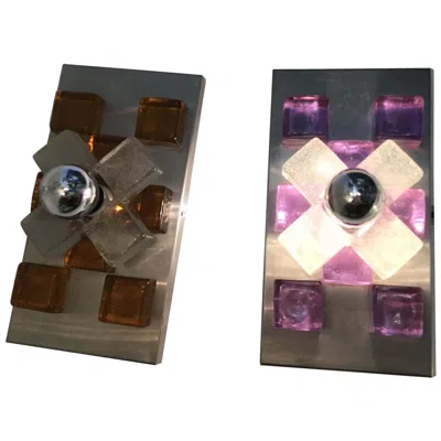 Pre-owned Poliarte Pair Of Sconces Murano Glass In Gold And Lilac Chrome-plated Brass, 1970s In Black