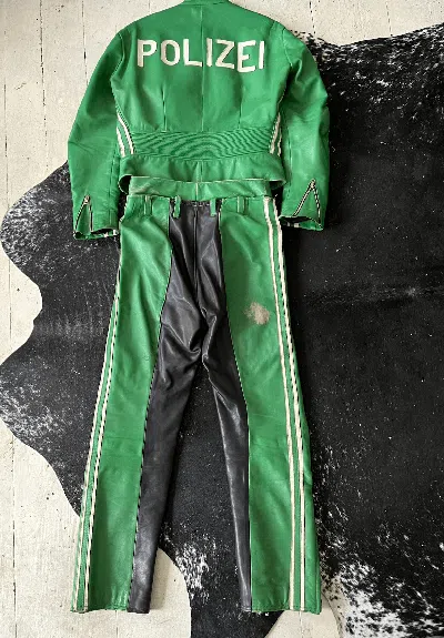 Pre-owned Police 70s/80s Full German 'polizei' Leather Moto Suit In Green