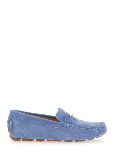 Pollini Blue Loafers With Logo Plaqe On The Front In Grained Leather Woman