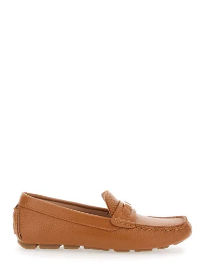 Pollini Brown Loafers With Logo Plaqe On The Front In Grained Leather Woman