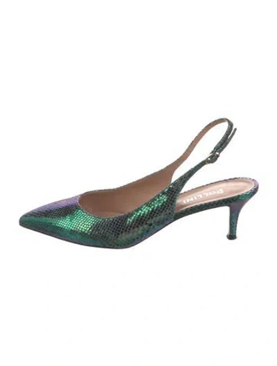 Pre-owned Pollini Embossed Leather Animal Print Slingback Pumps In Green