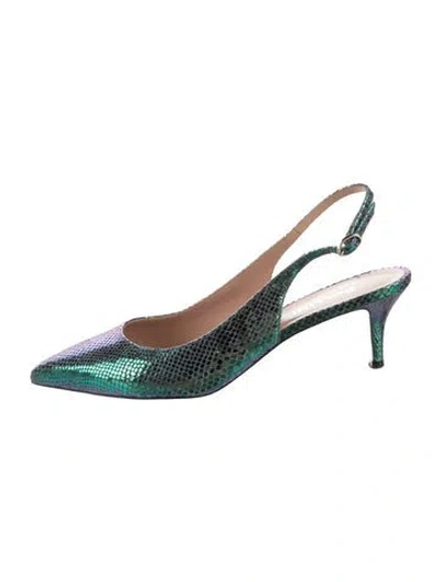 Pre-owned Pollini Embossed Leather Animal Print Slingback Pumps In Green