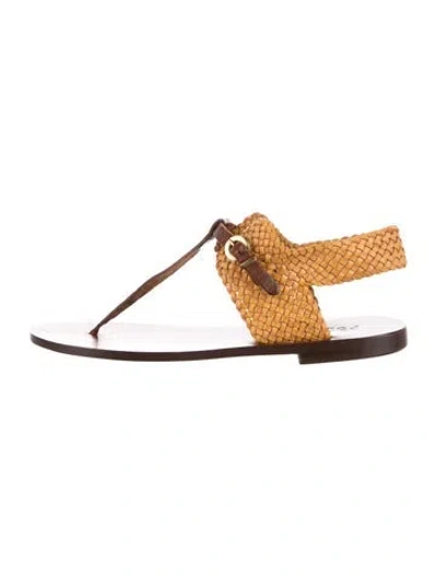 Pre-owned Pollini Leather Braided Accents T-strap Sandals In Brown