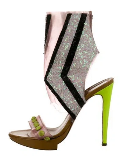 Pre-owned Pollini Leather Colorblock Pattern Slingback Sandals In Silver